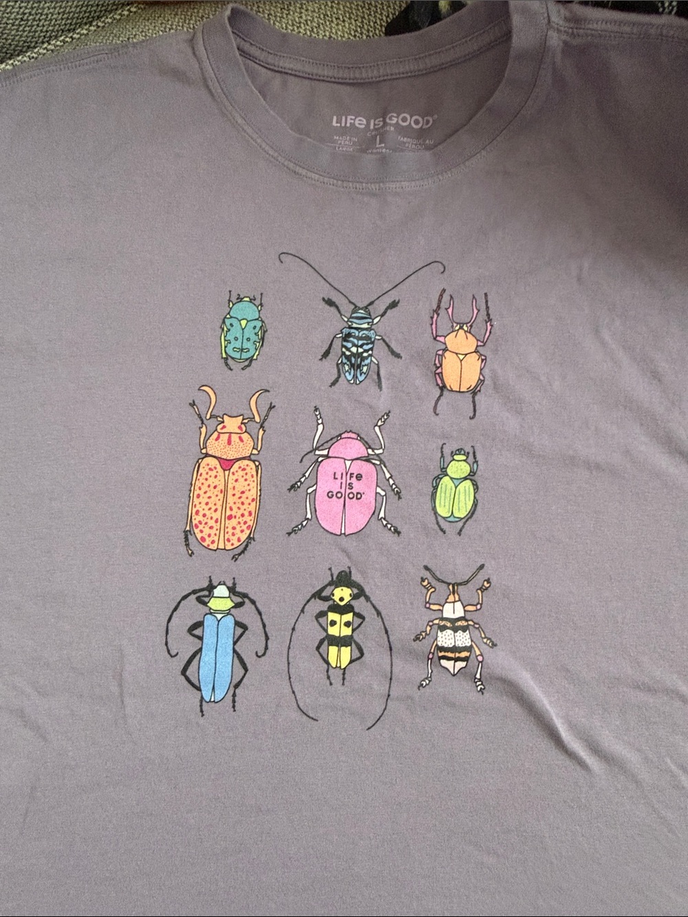Life Is Good Purple Boxy Tshirt with Multicolor Beetles and Bugs Graphics - Picture 3 of 11